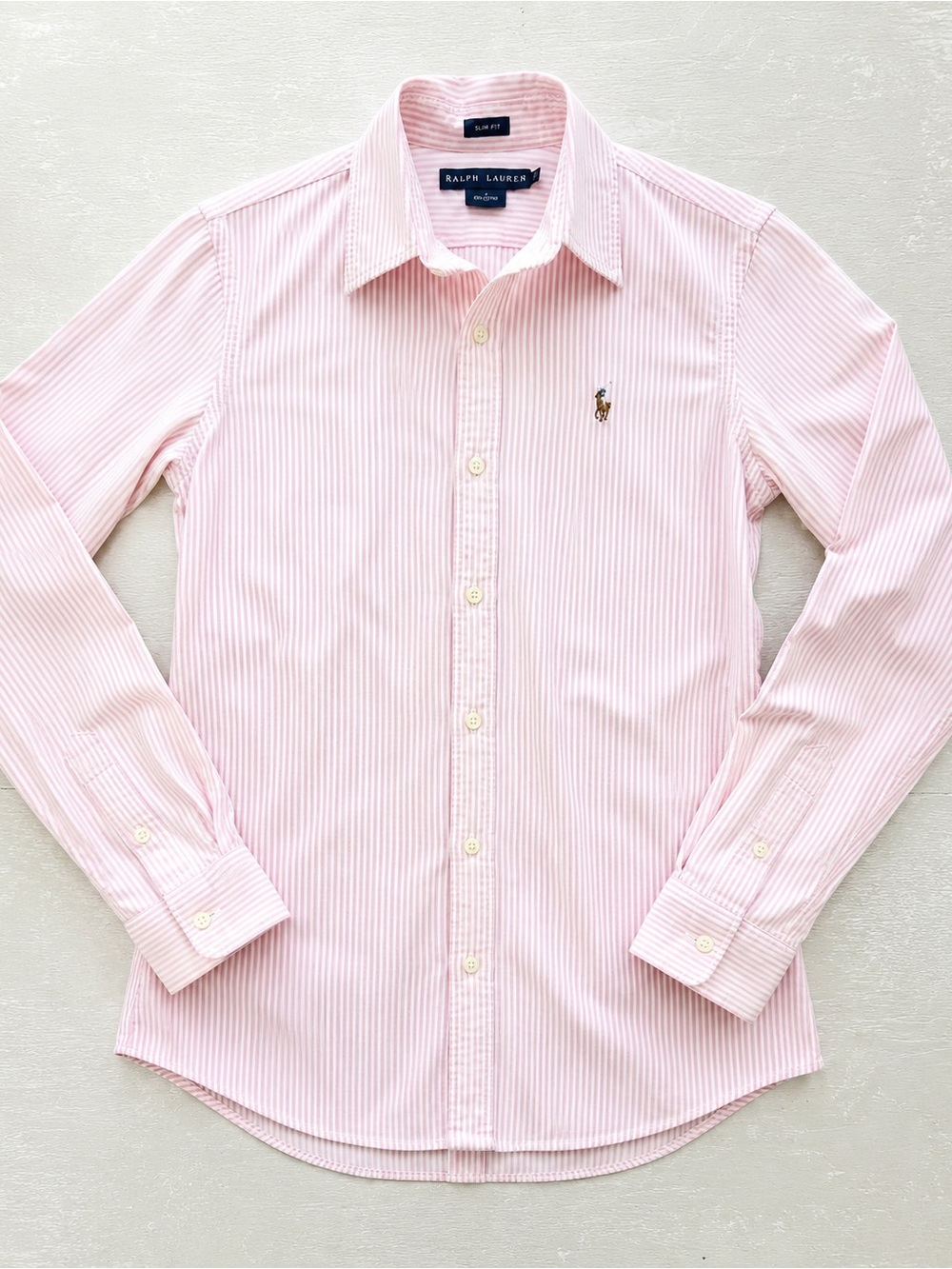 Ralph Lauren Women’s Size 4 Slim Fit Pink White Striped Button Down Shirt 100%